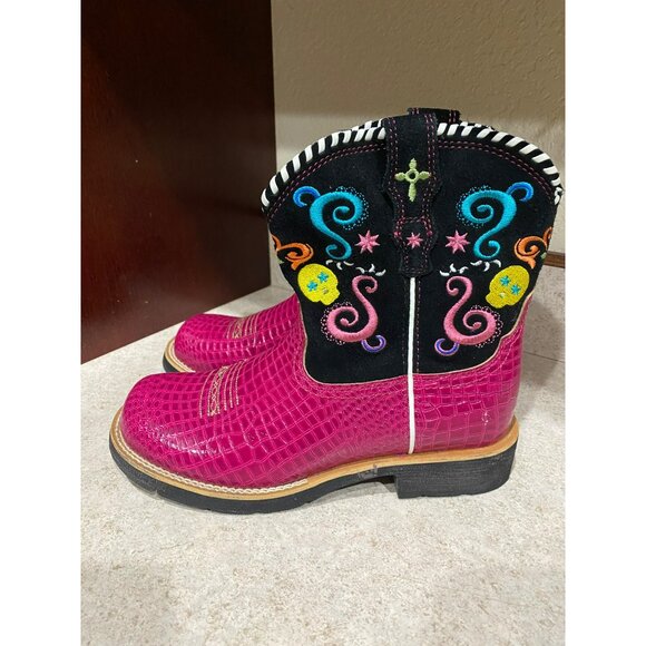 Ariat Showbaby Fiesta Sugar Scull Western Boots Pink Croc Print Leather 6.5 - Picture 2 of 6